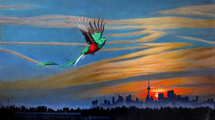 What climate Change, Quetzal flying over Toronto skyline